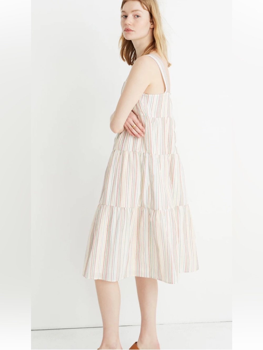 Madewell Button-Back Tiered Dress in Textural Rainbow Stripe. Size 4.